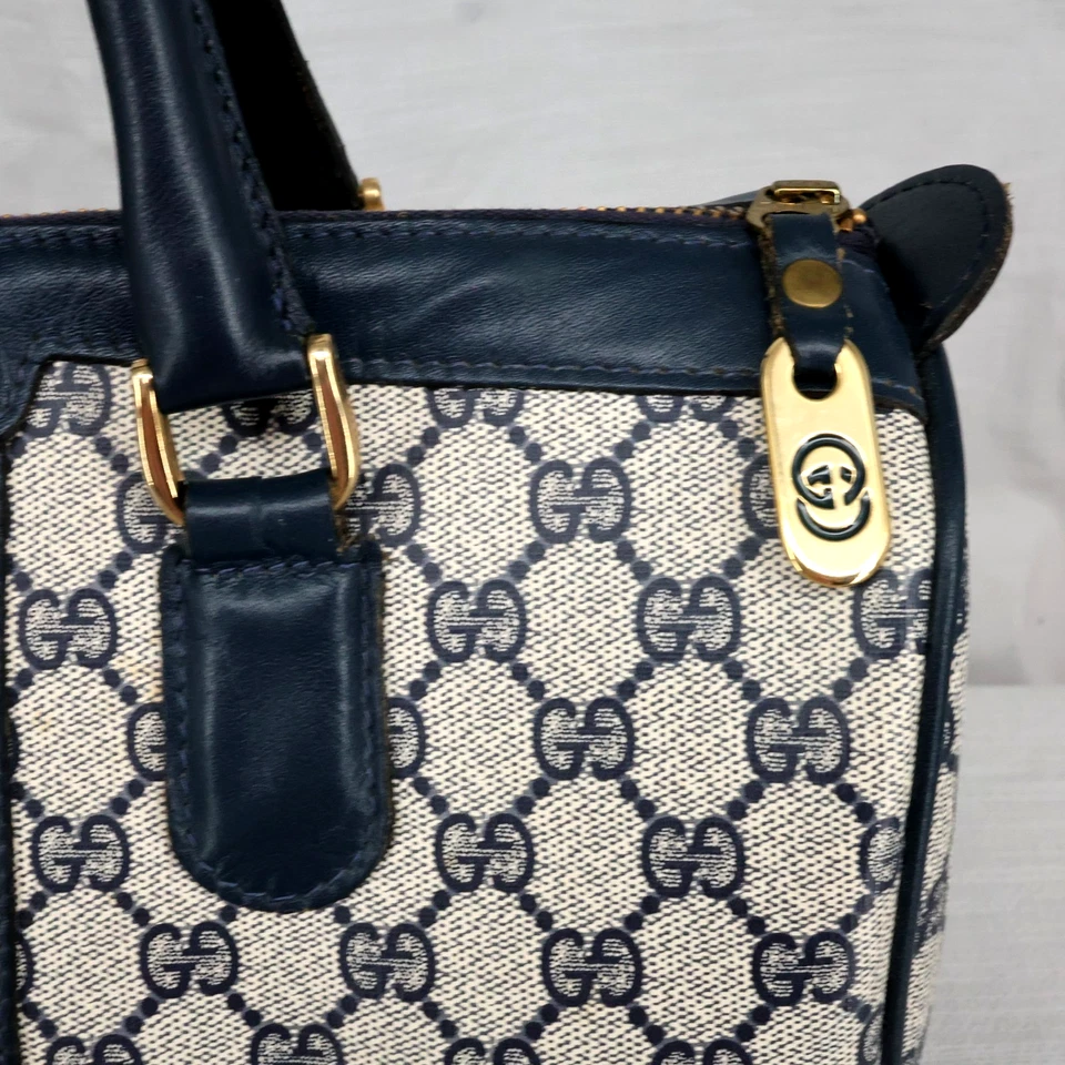 古驰手提包女式蓝色 PVC 皮革装饰波士顿包雪利酒线 70 年代复古 — 第 4/4 张图片