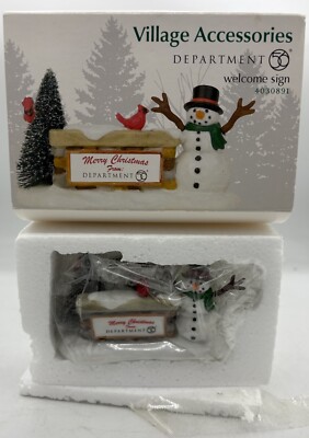 Dept 56 Village  Accessories Welcome Sign Snowman with Cardinal