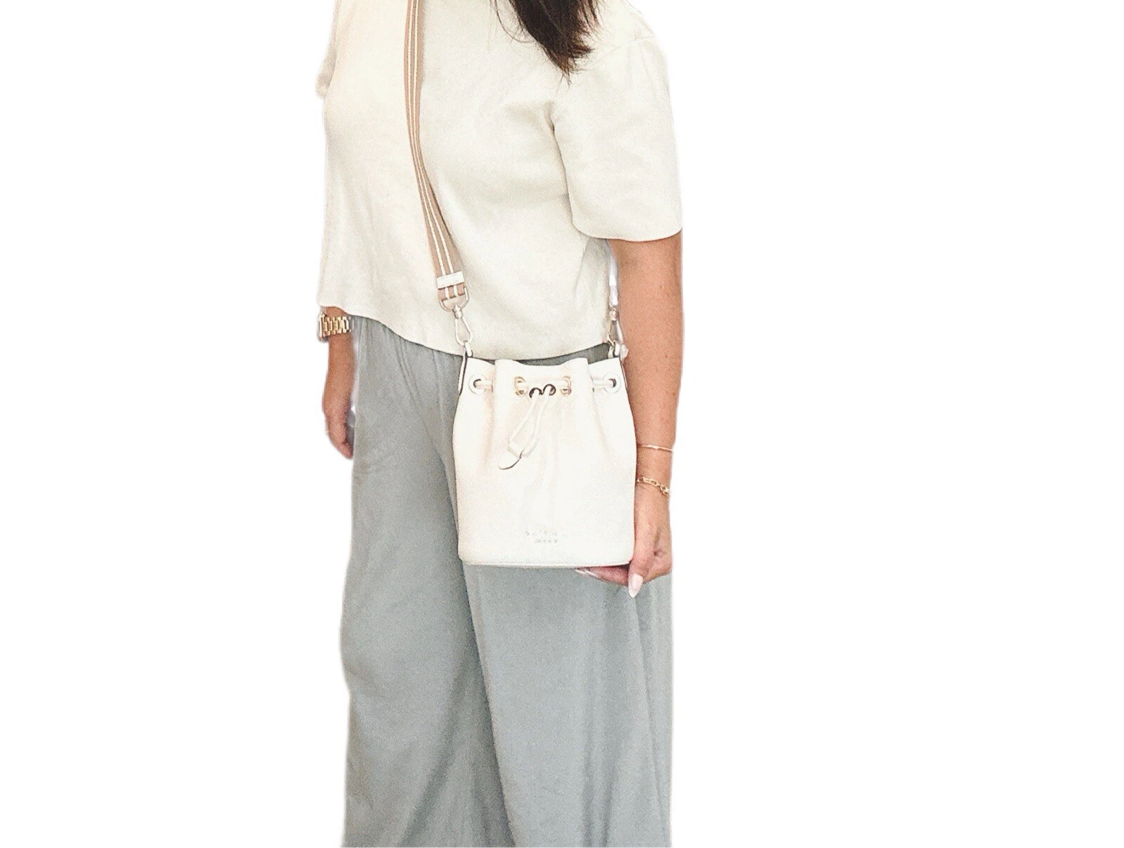 Kate Spade Rosie mini borsa a secchiello borsa in pelle bianca avorio con bambino (borsa portamonete)