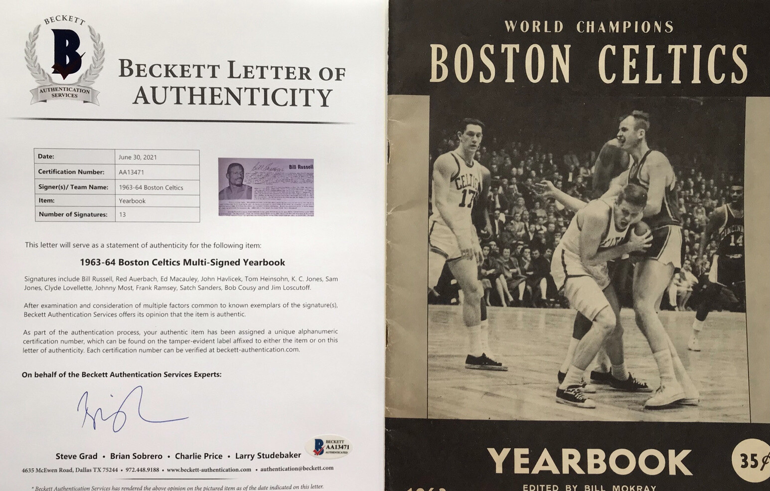 Bill Russell Autographed Signed Boston Celtics 1963-64 Yearbook (13) HOF ,Auerbach BAS COA 