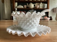 Vintage Fenton Hobnail White Milk Glass Mayonnaise Bowl, Underplate  Spoon Set