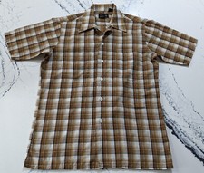 Vintage 70's 80's JC Penney Men's Polyester Blend Brown Plaid Button Shirt Disco