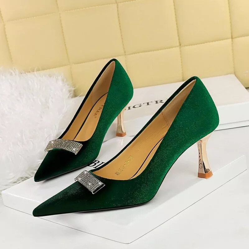 Zapatos de Salón 6 CM Verde Pedrería Terciopelo Satén Piel Sintético 08083