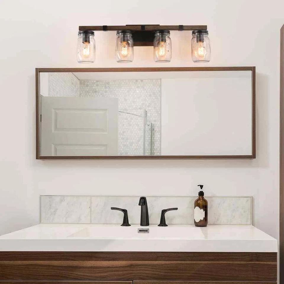 LNC Araphi 4-Light Brushed Brown Rust Black Bathroom Vanity Light w/Wood Accents - Image 3 of 4