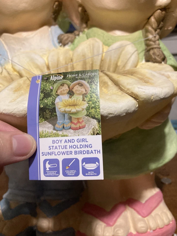 Niño y Niña Sosteniendo Girasol Baño de Pájaros, Divertida Estatua Infantil con Baño de Pájaros, 17" Foto 3 de 4