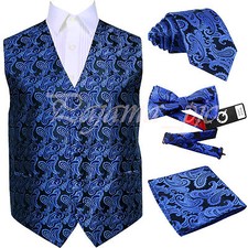 Royal Blue XS-6XL Paisley Tuxedo Suit Dress Vest Waistcoat Necktie Bowtie Hanky