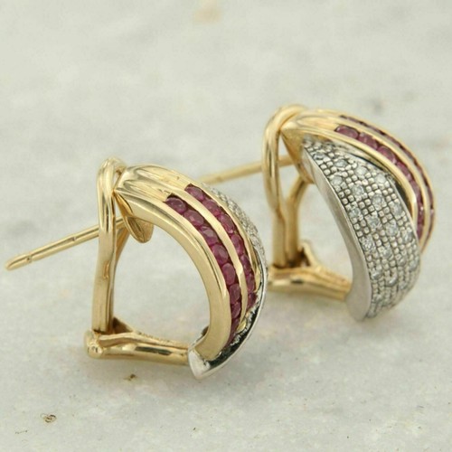 2 Ct Simulated Ruby & Cubic Zirconia Hoop Earrings 14K Yellow Gold Plated - Picture 2 of 5