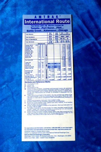 Amtrak - International Route - Timetable Card - Fall/Winter 1997/98