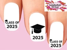 Waterslide Grad Nail Decals Set of 20 - Graduation Class of  2025 Cap & Assorted