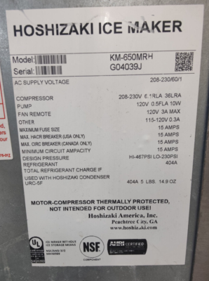 HOSHIZAKI ICE MAKER, KM-650MRH Crescent Cuber Icemaker | eBay
