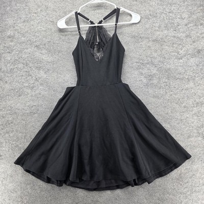 LUSH Dress Womens Medium Black Fit & Flare Skater Strappy Lace V Neck LDA10933