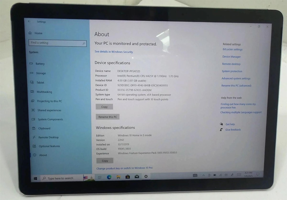 Microsoft Surface GO 2 1901 10'' Pentium 4425Y 1.7GHZ 4GB 64GB
