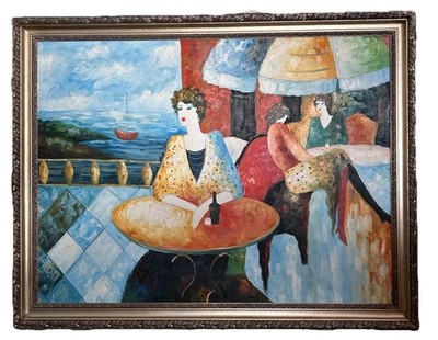 Original Vintage Hand Painted Acrylic On Canvas Large Painting Seaside CafeScene