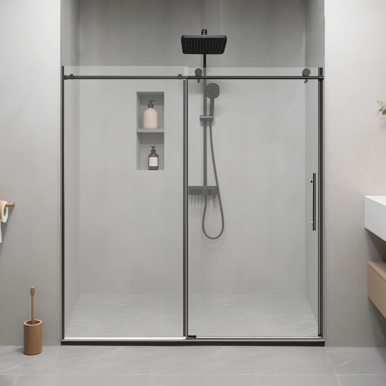 68-72W x 76H Frameless Sliding Shower Door with 3/8 Inch Tempered Clear Glass in Black Finish