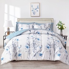 7-Piece Queen Comforter Set - Blue Flower Branch Botanical Bedding - 1 Comfor...