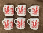 Vintage Hazel Atlas Platonite Milk Glass Red Rooster Set Of 6 Perfect Conditions