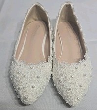 Crystal Queen Lace Daisy  Pearl White Womens Flats Bridal Shoes Elegant Size 37