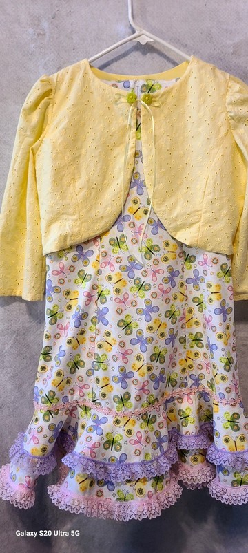 Girls Size 12 Summer Dress With Purple Pink Yellow Green Flowers & Yellow Jacket