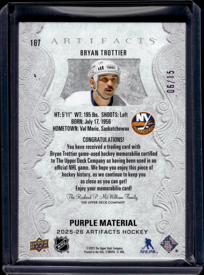 2025-26 Upper Deck Artifacts #167 Bryan Trottier Dual Patch Purple #/15 New York - Image 2 of 2