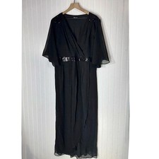 City Chic L 20 Black Sequin Maxi Dress Gown Wrap V-Neck Flutter Sleeve Formal