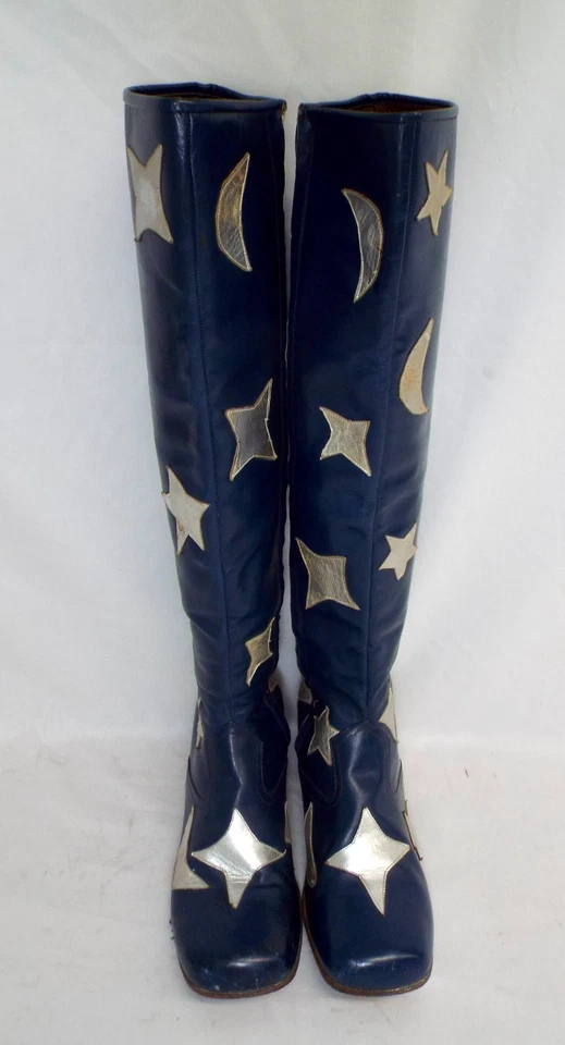 VTG 1970s Granny Takes A Trip Blue & Silver Stars Moon Rockstar Zip Boots Size 7 - Image 3 of 4