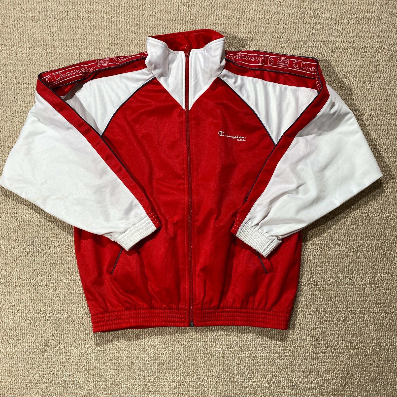 VINTAGE Champion USA Tracksuit Top Mens Small Red Fleece Track Jacket