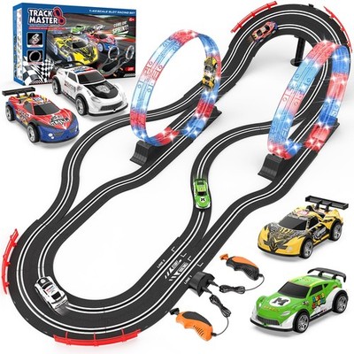 Slot Car Race Track Set w/ 4 Electric Cars, 2-in-1 Layout, Slope, Overpass, Flas