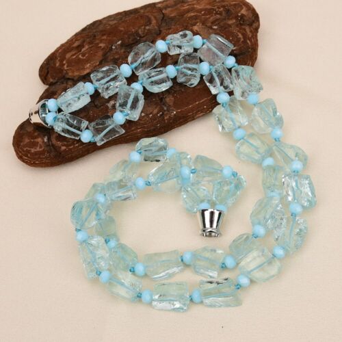 18'' 2 Rows Aquamarine Blue Natural Glass Quartz Rough Nugget Crystal Necklace - Picture 6 of 8