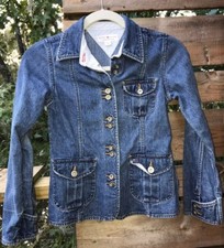 VINTAGE TOMMY HILFIGER GIRL'S M DENIM JACKET JEAN BTNS DWN FRNT GLD RED STITCHES