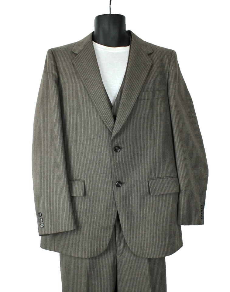 Traje Vintage 3 Piezas 42R 3x29 Gris Rayas Blazer Chaleco Pantalones Mezcla Lana Traje Foto 2 de 4