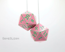 D20 Car Dice 2 Pink And Green - Holographic Dnd Hanging Mirror Charm Danglers