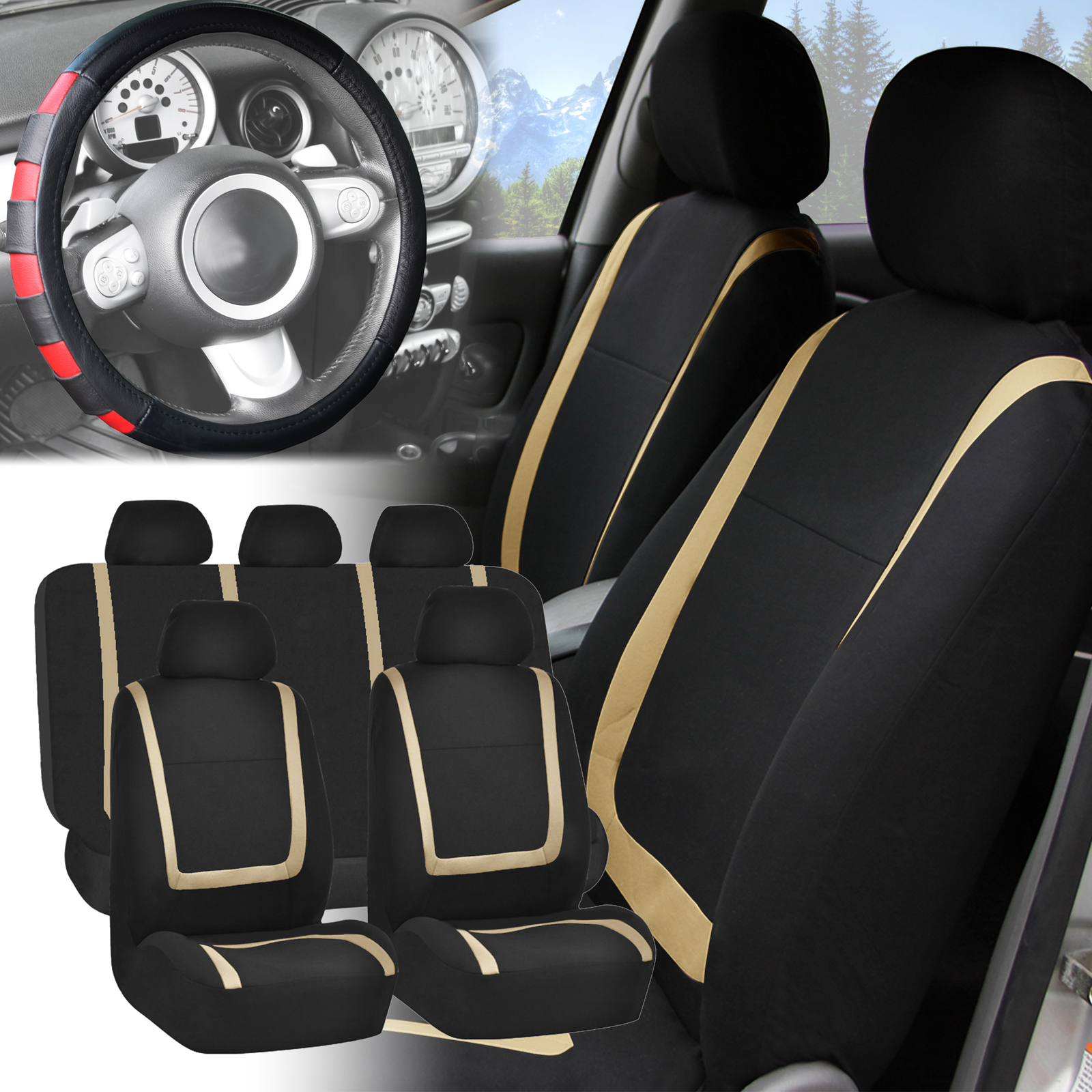Fundas de asiento de auto de tela de ajuste universal FH Group para SUV con cubierta de volante