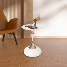 Small Round Side Table Tray Top Metal End Table For Living Rooms And Yards White