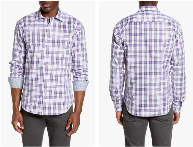 Спортивная рубашка BUGATCHI Orchid в фиолетово-белую клетку в полоску, облегающая фигуру, на пуговицах БОЛЬШОГО размера