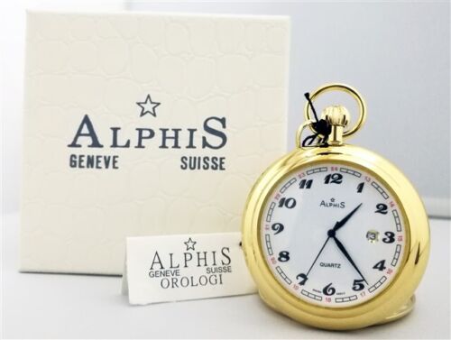 Alphis Schweizer Taschenuhr Gelbgold vergoldet mit Sockel + Kette - Bild 3 von 6