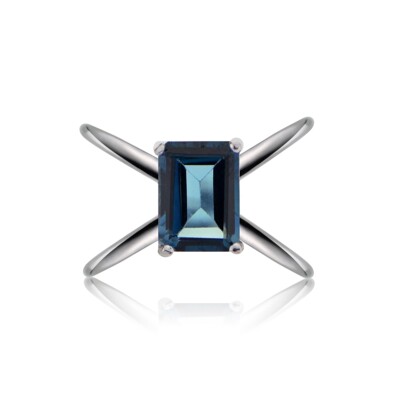 Silberring Mit London Blue Topas, Achteckiger Schliff, Criss Cross, Größe 10