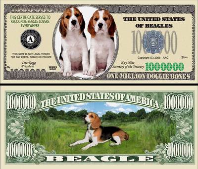 Beagle Dog Million Doggie Bones Dollar Bill Funny Money Novelty with FREE SLEEVE