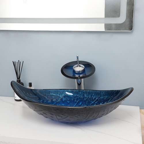 Grifo de drenaje de vidrio ovalado fregadero azul lavabo de hoja azul grifo de drenaje - Imagen 7 de 9