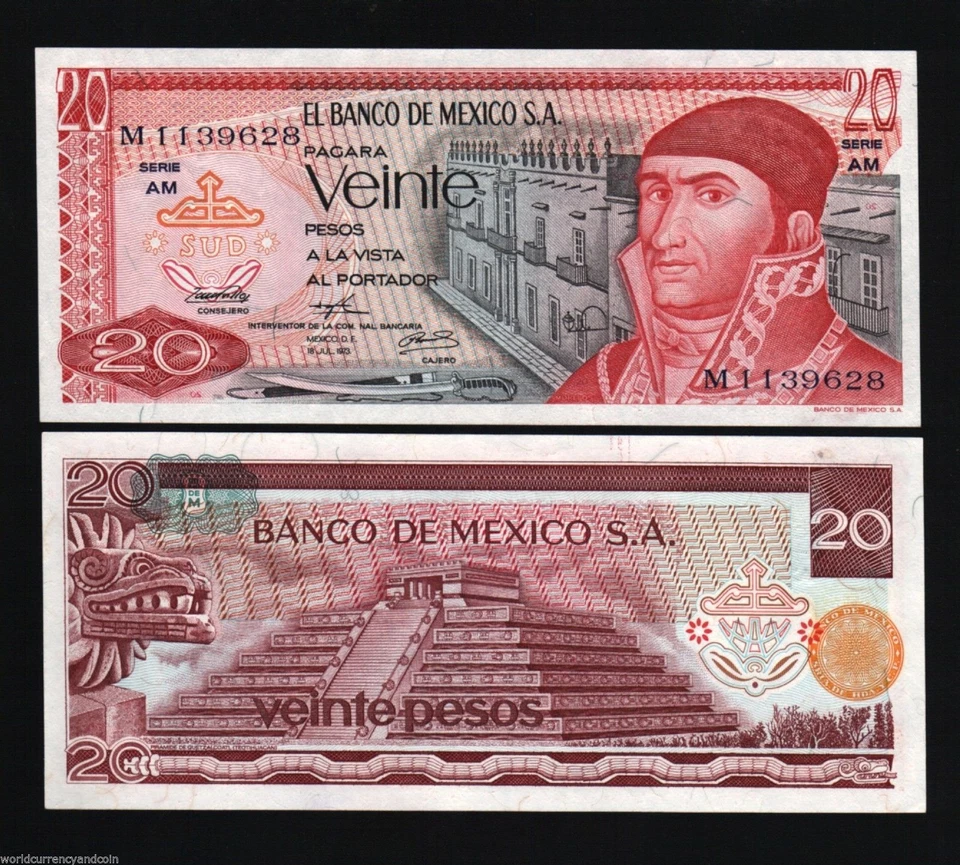 MEXICO 20 PESOS P-64 1973-1977 x 100 Pcs Lot BUNDLE PYRAMID UNC PACK BILL NOTE - Image 3 of 3