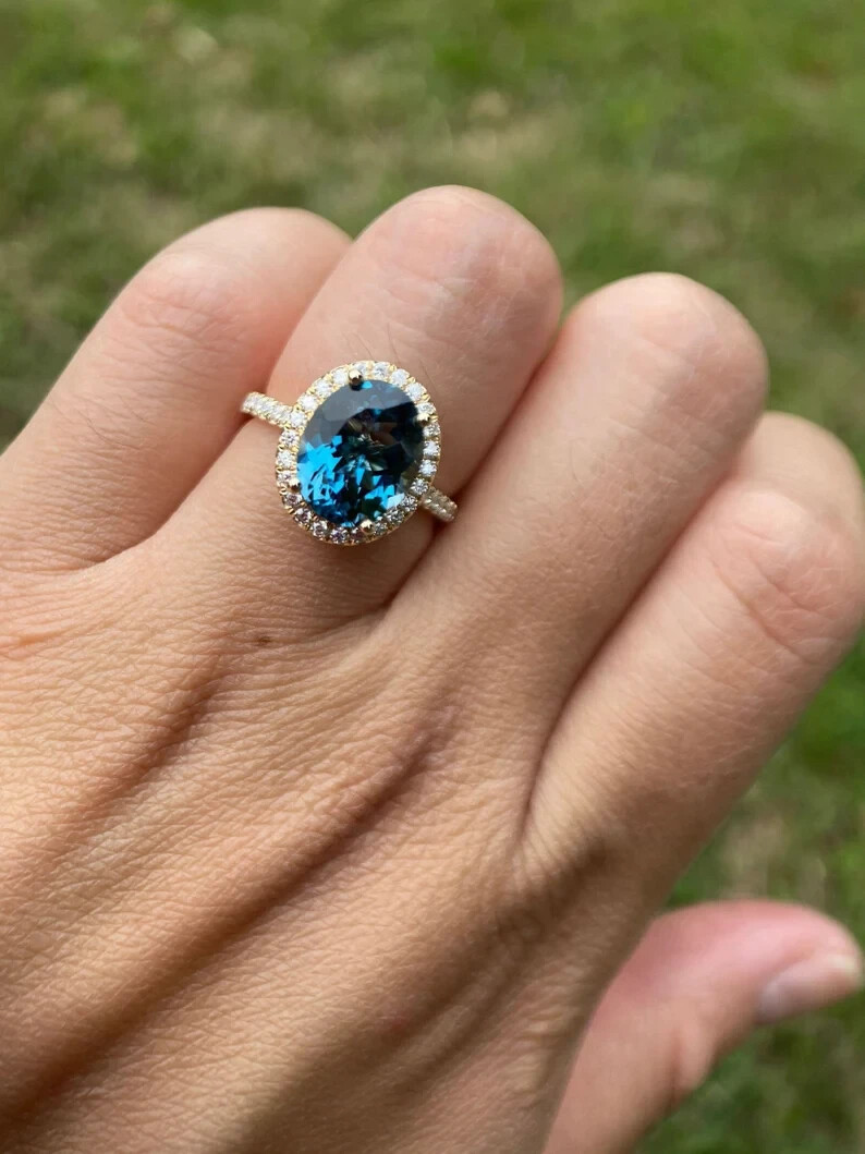 14K Yellow Gold Plated Silver Oval Cut London Blue Topaz Vintage