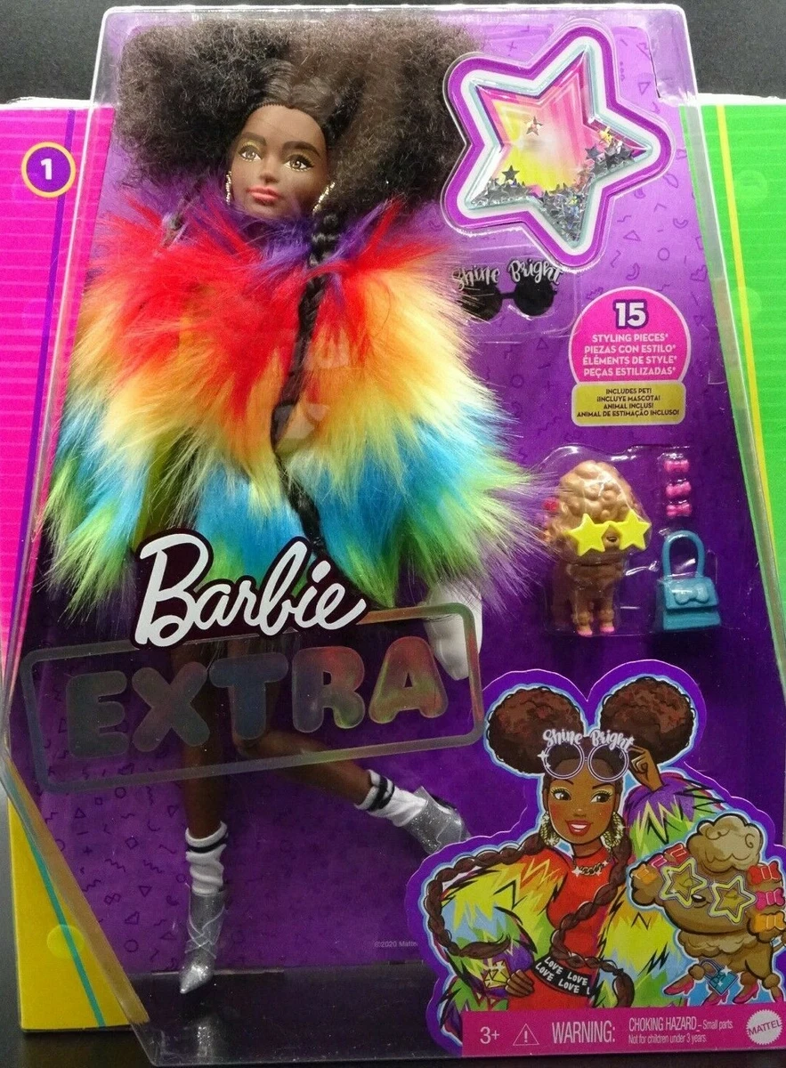 Mattel Barbie Extra Doll 1 w Afro Puff Hair Rainbow Coat Pet
