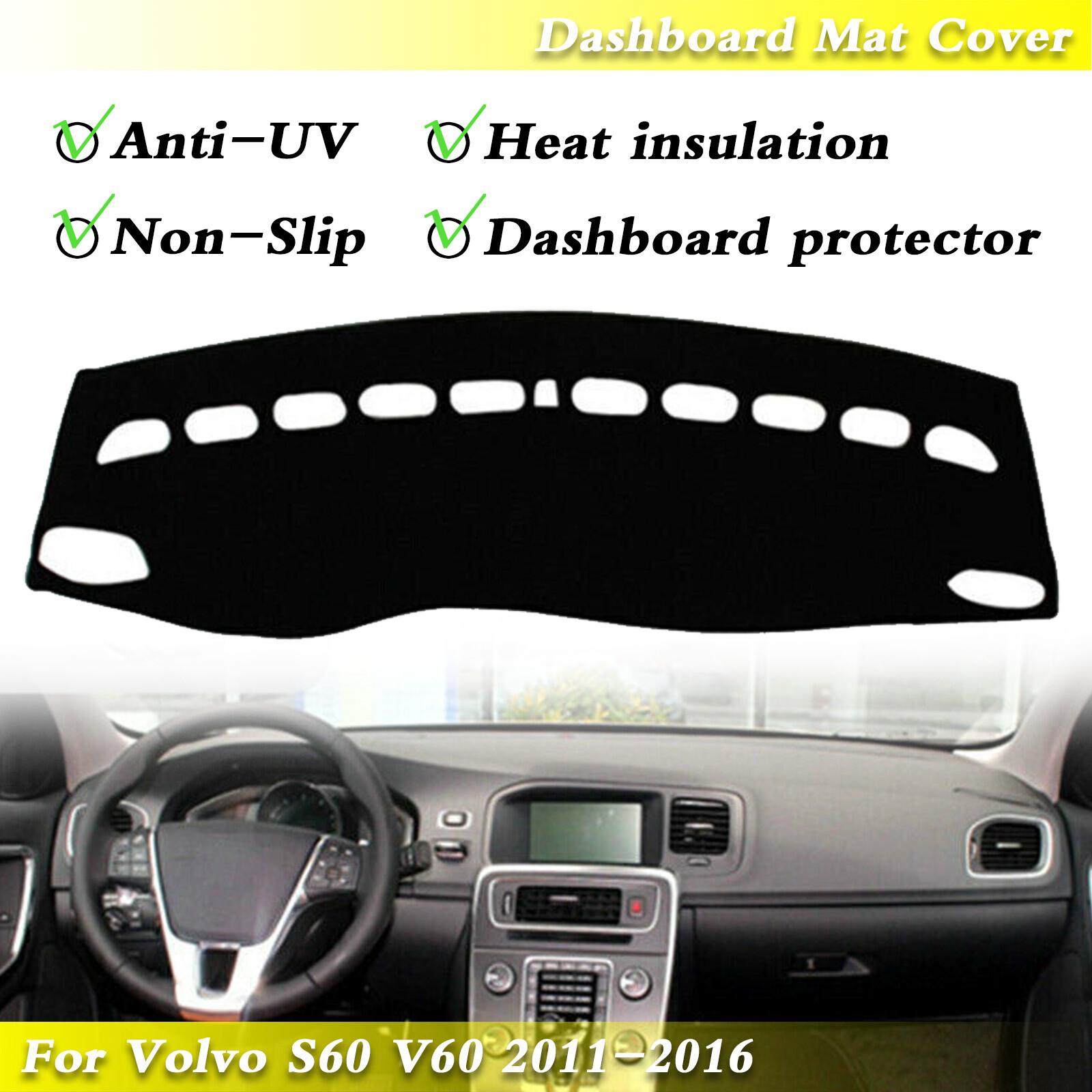 Anti-Slip Dashmat Sun Visor Pad for Volvo S60 V60 Dashboard