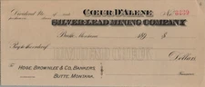 1890s Coeur d'Alene Silver-Lead Mining Co. Blank Dividend Check #3239 Butte MT