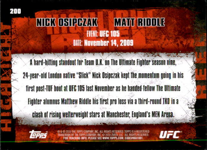 Nick Osipczak/Matt Riddle 2010 Topps UFC Series 4 Highlight Reel Card ...