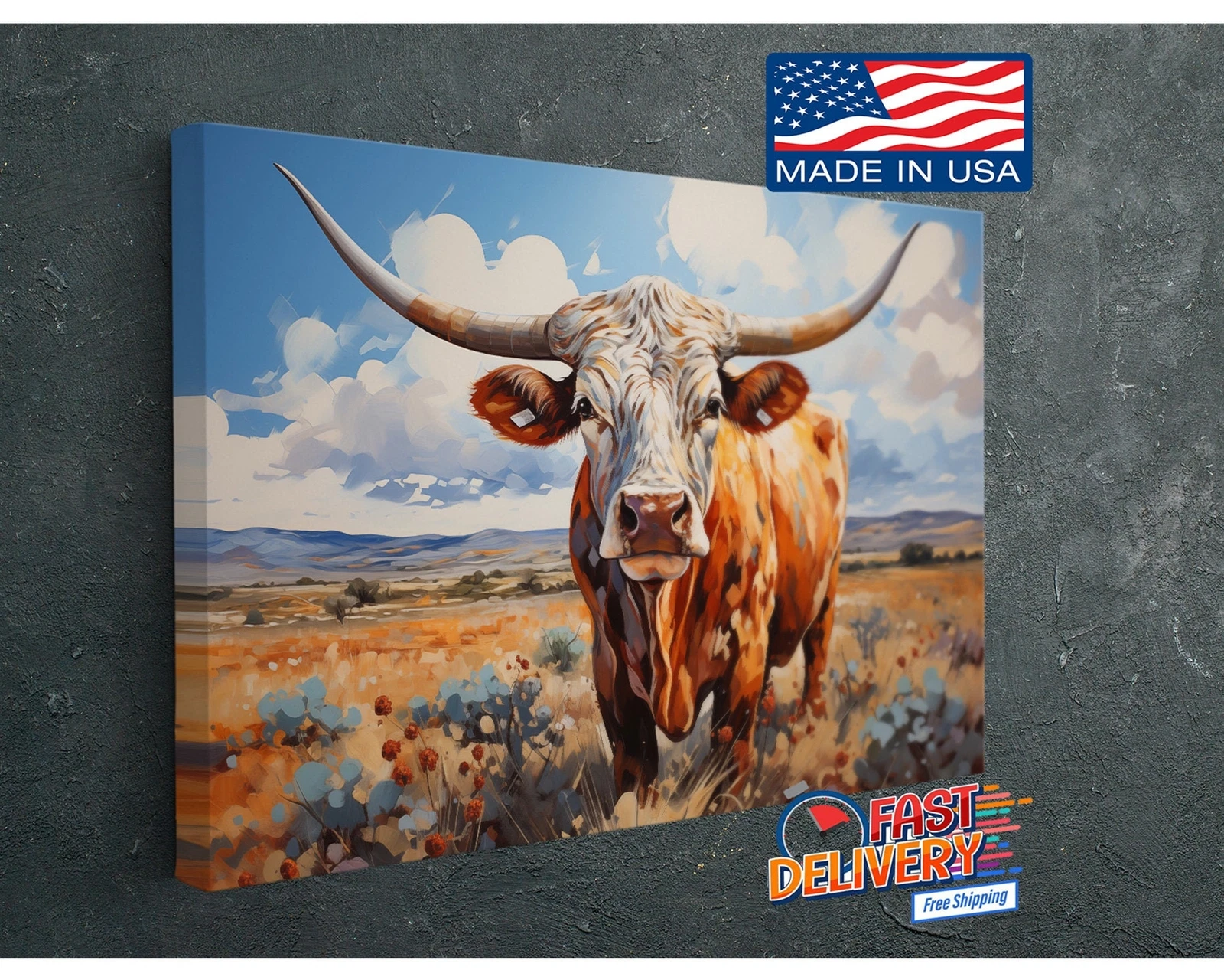 Texas Longhorn Canvas Print, Open Field Wall Art, Oil Painting Style Decor
Opens in a new window or