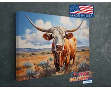 Texas Longhorn Canvas Print, Open Field Wall Art, Oil Painting Style Decor