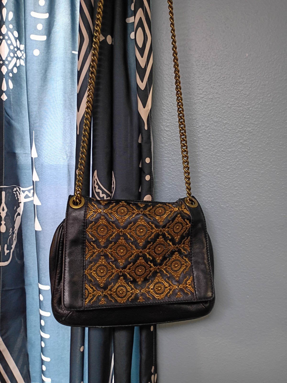 Women’s Small Black Geometric Shoulder Bag Gold Chain Strap, Embroidered Accents