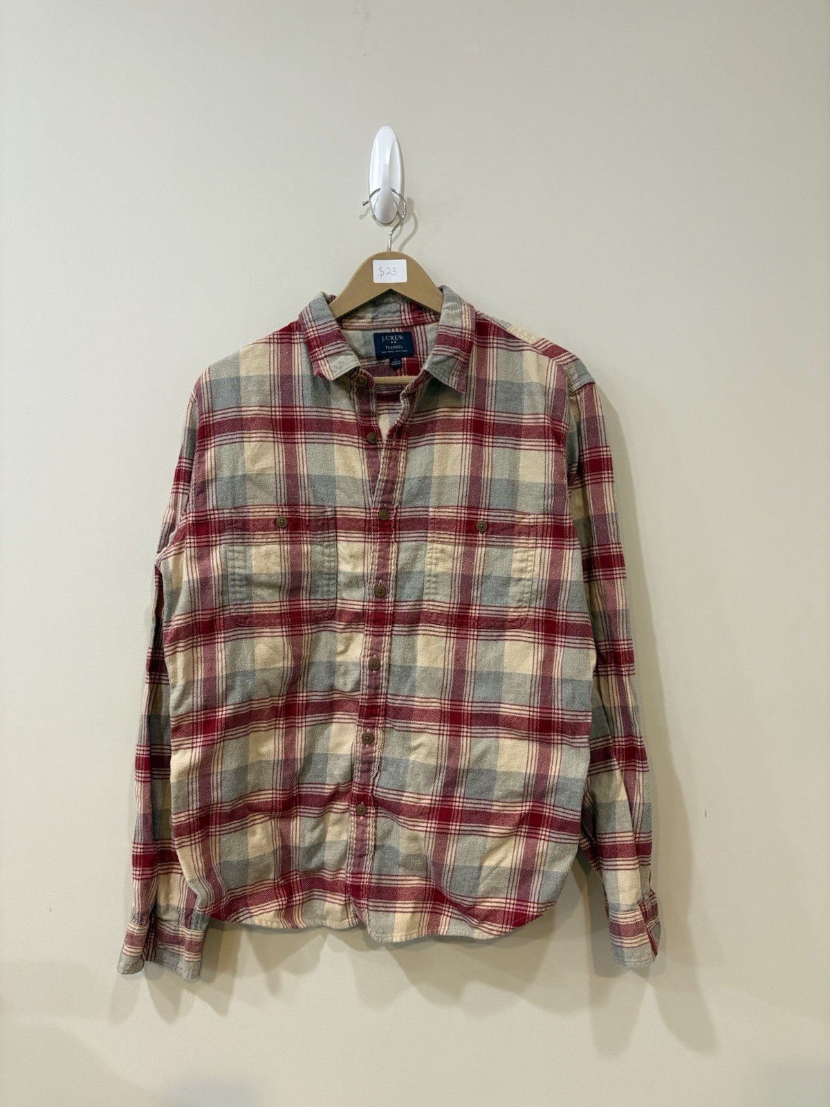J Crew Flannel Gray Maroon Plaid Mens Large Button Up Shirt