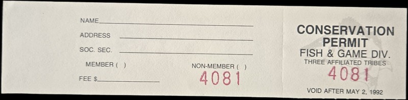 1991-1992 Fort Berthold Reservation Conservation Permit  Three Affiliated Tribes