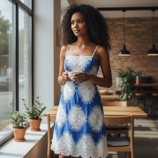 Johnny Was Thalisa Crochet Lace Midi Dress Blue White Boho Festival Size S